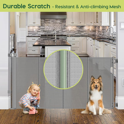 Reinforced 55" Wide Retractable Baby Gates with Reinforced Strips, Indoor/Outdoor Retractable Dog Gate for Doorway Prevent Bottom Drilling Through, No Bottom Bar Safety Mesh Baby Gate for Stair, Black
