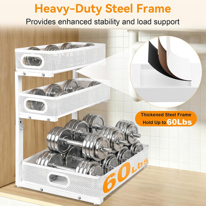 Under Sink Organizer for Bathroom, 3 Tier Adjustable Height Under Sink Storage, Sliding Pull Out Cabinet Organizer Shelf, Metal Multi-Purpose Cabinet Organizer for Kitchen (2 Pack, White)