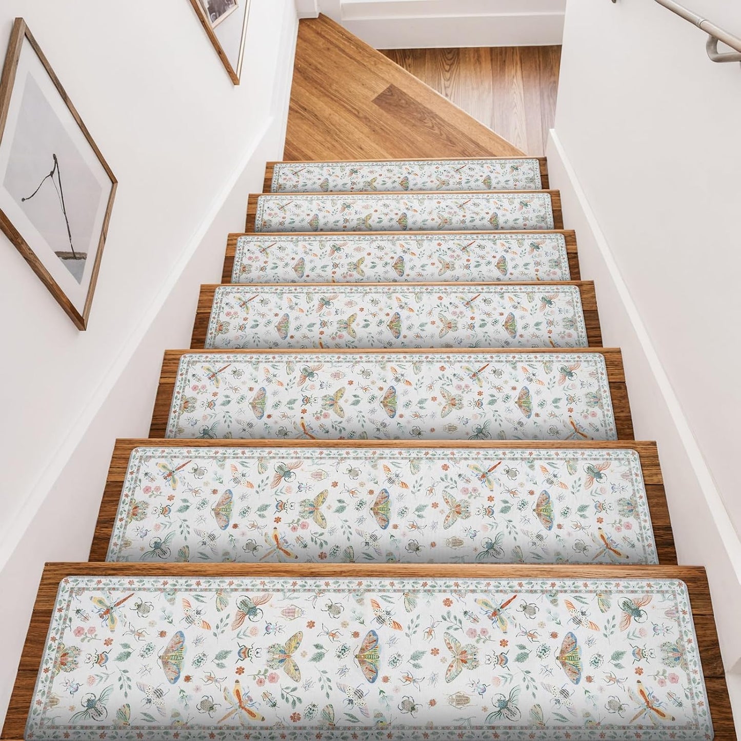 OJIA Insect Print Stair Treads Non Slip Stair Runners for Wooden Steps Indoor, 15PCS 8"x30" Rubber Backing Carpet Treads for Wood Stairs Staircase Step Treads for Kids & Dogs, Stair Covers, Black