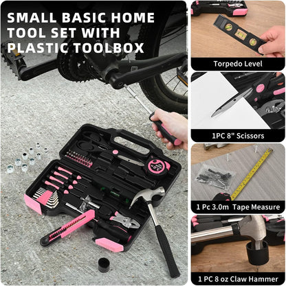144-Piece General Household Hand Tool Kit with Plastic Toolbox Pink | Basic General Hand Tool Kit, Household Tool Set, for Home Repair, Office & College Dormitory Use, Daily Use for Women