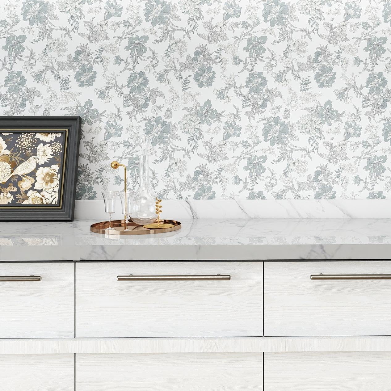GloryTik Floral Peel and Stick Wallpaper, Removable Blue Floral Contact Paper, Self Adhesive Renter Friendly Wallpaper for Bedroom Living Room Bathroom (17.3" x 78.7")