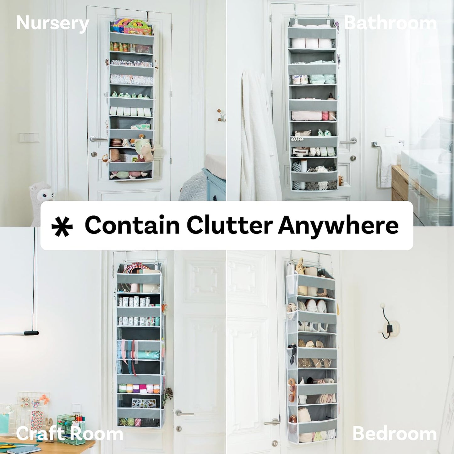 OOH SO Tidy Over Door Organizer - 5-Tier Hanging Organizer with 5 Large Pockets & 10 Mesh Pockets - Ideal for Craft Room, Nursery, Kids Room, Dorm Storage & Shoe Organization (Grey, 15 x 55.5 x 6.5”)