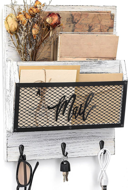 Yalikop Farmhouse Mail Organizer Wall Mounted Rustic Mail Holder Hanging Key Sorter with 3 Hooks Indoor Wooden Wall Mounted, Letter, Magazines, Newspapers, Keys(Classics,Brown)
