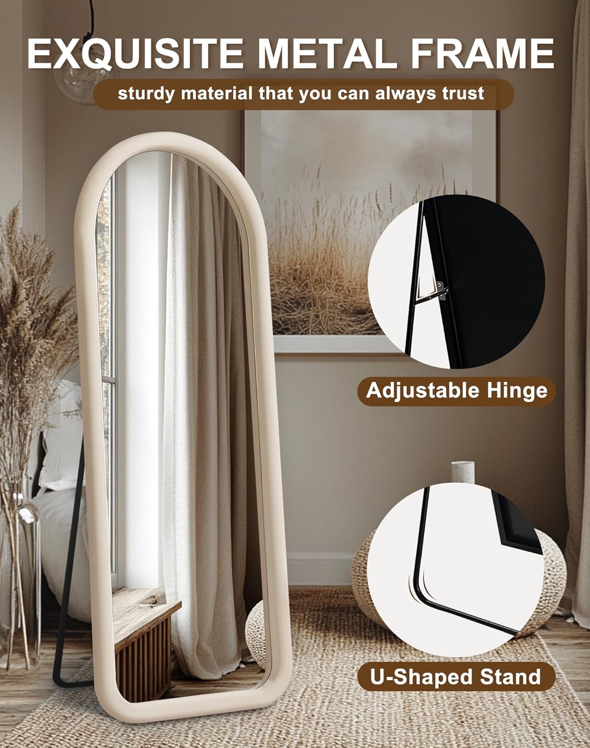 Delma Arched Full Length Mirror, Free Standing Floor Velvet Finish Frame Mirror for Leaning or Hanging, Soft Touch Bedroom & Living Room Decor, Brown
