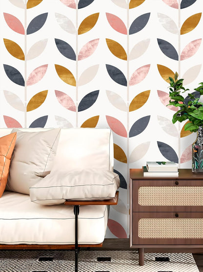 Floralplus Peel and Stick Wallpaper Boho Leaf Removable Wallpaper for Bathroom Renter Leaf Contact Paper for Locker Shelf Liner Vinyl Adhesive Wallpapers Wall Mural Decor 17.5 in x 118 in