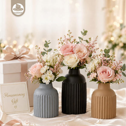 Beige Decorative Vase Set of 3 - Modern Boho Style Ribbed Ceramic Bud Vases for Flowers, Mini Small Vases for Shelf, Shelves, Bookshelf, Entryway Table & Home Decor Aesthetic (Beige White)