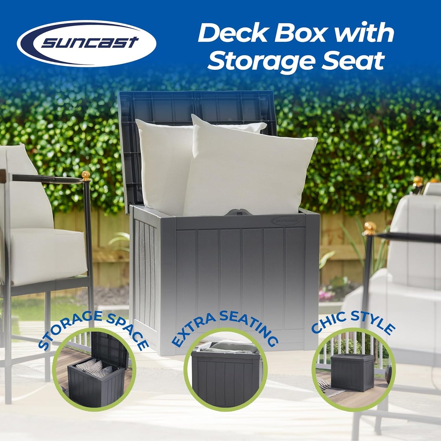 Suncast Small Deck Box Storage w/ Bench Seat for Indoor & Outdoor Use, 22 Gal., Cyberspace