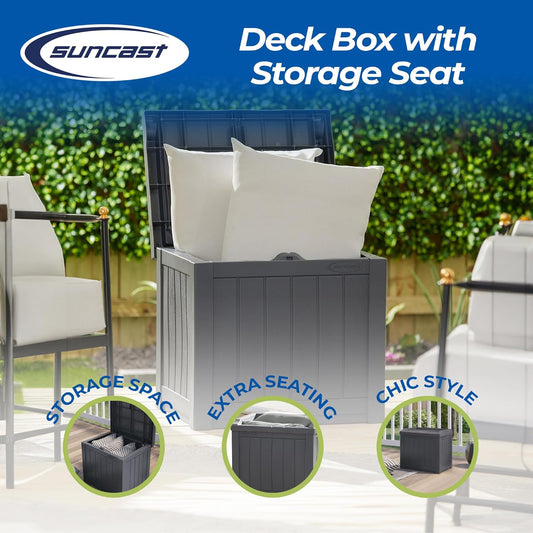 Suncast Small Deck Box Storage w/ Bench Seat for Indoor & Outdoor Use, 22 Gal., Cyberspace