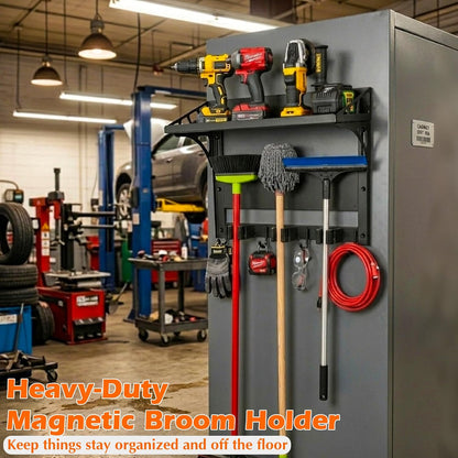 MUTUACTOR Heavy Duty Magnetic Broom Holder,Anti-slip Magnetic Tool Rack with Top Utility Shelf, Easy Assembly Broom Mop Organizer for Refrigerator Metal Cabinet Laundry Room Kitchen,3-Clamps 4-Hooks