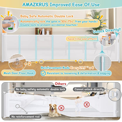 200'' Retractable Baby Gates Extra Wide,34" Tall Retractable Dog Gate for Doorways,Extra Long Retractable Baby Gate for Stairs,Kitchen,Indoor/Outdoor Retractable Gate with Fiberglass Reinforcement Rod
