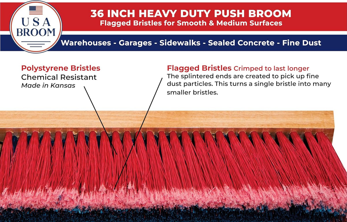 36" Heavy Duty Outdoor Push Broom with 60" Handle. Ideal for Asphalt, Concrete & Heavy Debris. Durable American Made Steel Brackets-Stainless Steel Hardware. No Plastic. 100% USA Made