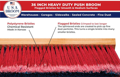 36" Heavy Duty Outdoor Push Broom with 60" Handle. Ideal for Asphalt, Concrete & Heavy Debris. Durable American Made Steel Brackets-Stainless Steel Hardware. No Plastic. 100% USA Made
