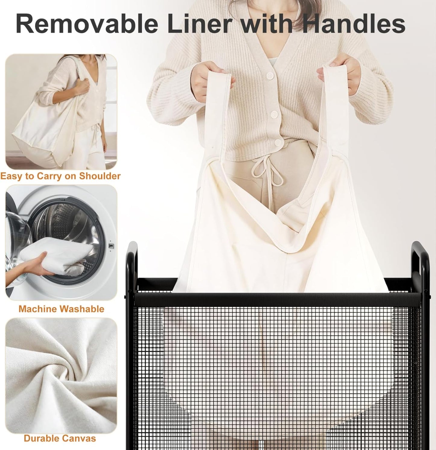 WOWLIVE Laundry Hamper 3 Section, 120L Rolling Laundry Basket with wheels and Removable Liner Bag, Laundry Sorter with Metal Handle, Large Clothes Hamper for Laundry Room, Bathroom and Dorm, Beige