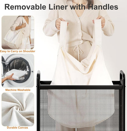 WOWLIVE Laundry Hamper 3 Section, 120L Rolling Laundry Basket with wheels and Removable Liner Bag, Laundry Sorter with Metal Handle, Large Clothes Hamper for Laundry Room, Bathroom and Dorm, Beige
