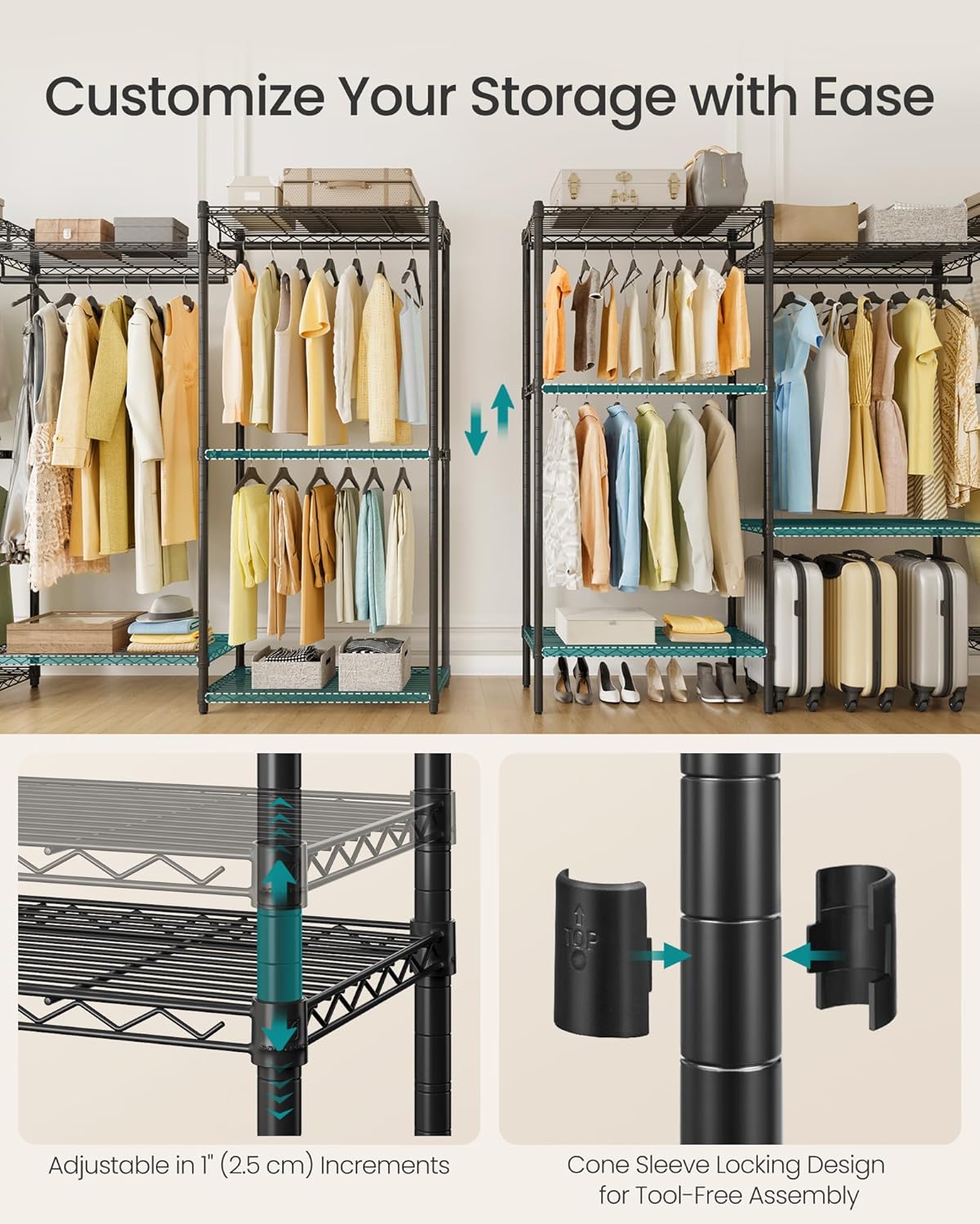 SONGMICS Heavy-Duty Clothes Rack, Garment Rack, Portable Closet, 68.7-Inch Wide Clothing Rack with Adjustable Mesh Shelves and Hanging Rails, Ink Black ULGR433B01