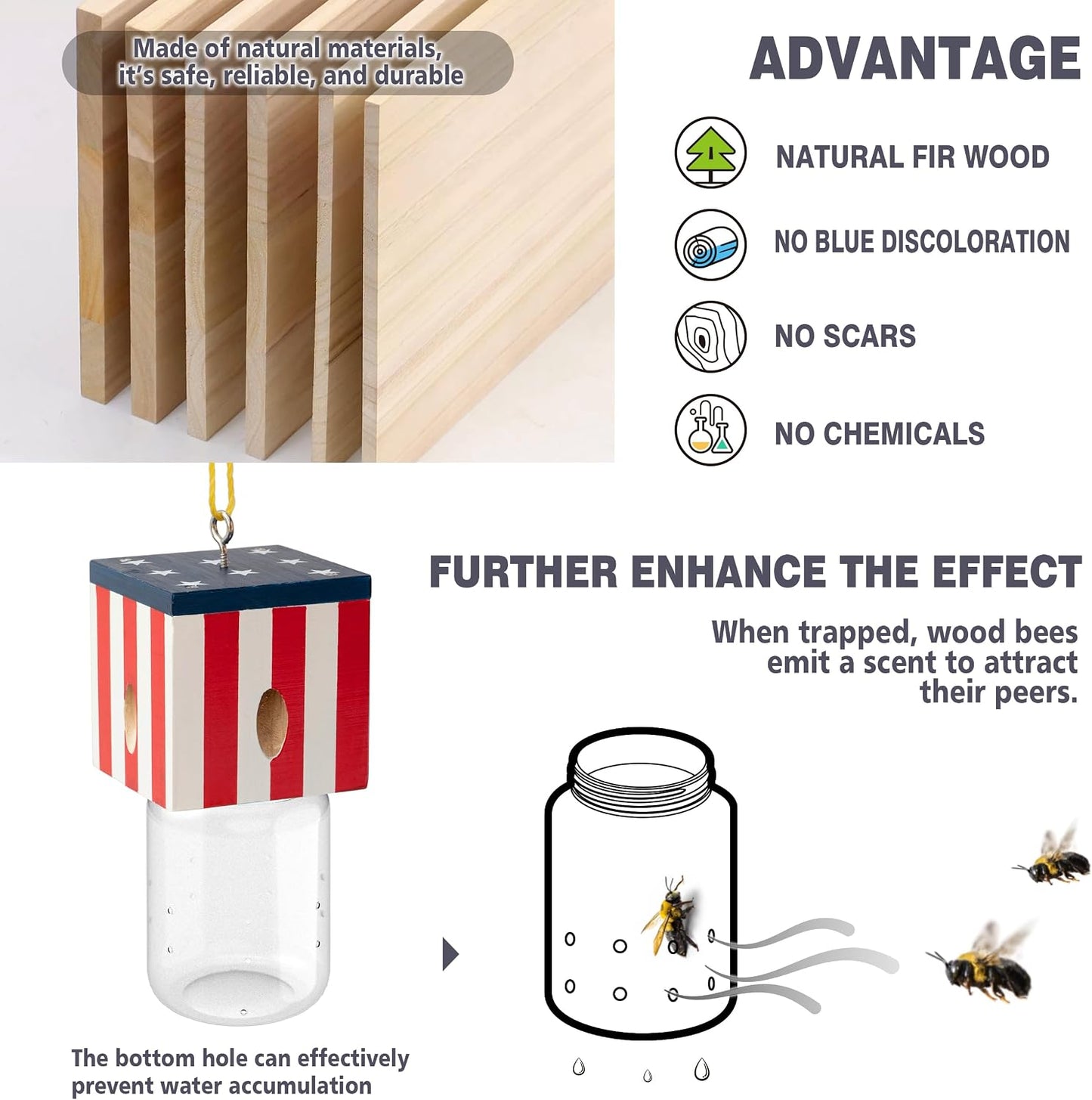 2 PCS Wood Carpenter Bee Trap for Outside - Best Bee Trap - Cube Flag Style Nature Hanging Carpenter Bee Traps Plastic Jar Outdoor - Insect Traps