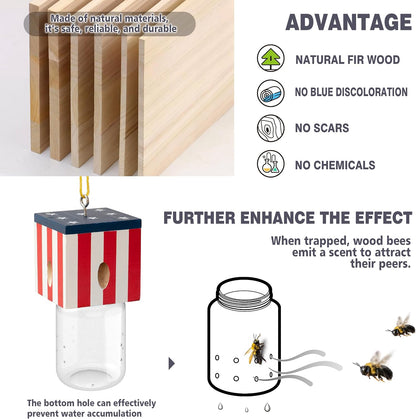2 PCS Wood Carpenter Bee Trap for Outside - Best Bee Trap - Cube Flag Style Nature Hanging Carpenter Bee Traps Plastic Jar Outdoor - Insect Traps