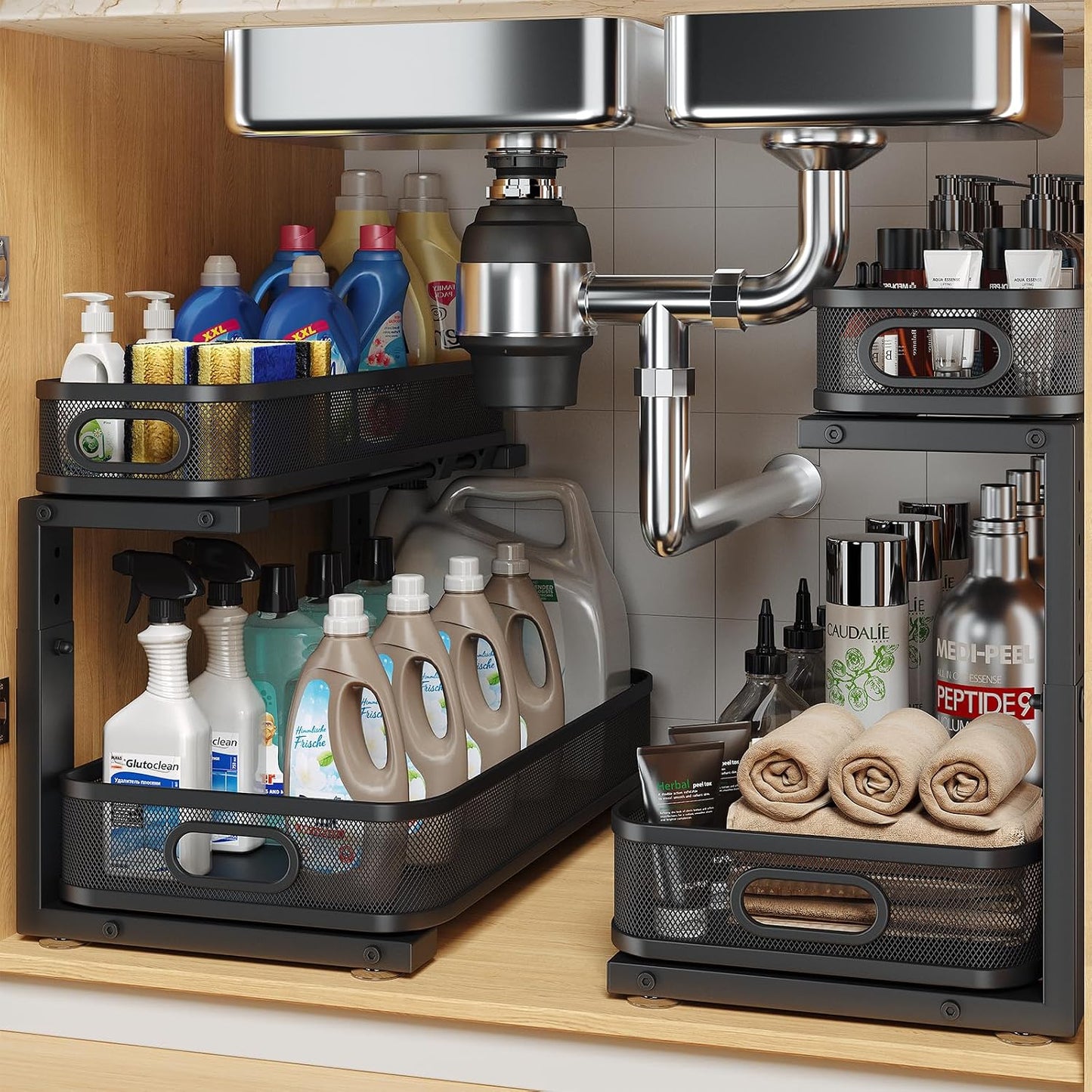 2 Pack Under Sink Organizer With Smooth Cylindrical Rail,2-Tier Pull Out Multi-Purpose Cabinet Storage for Bathroom&Kitchen,Height Adjustable,Rust-resistant Coating-White