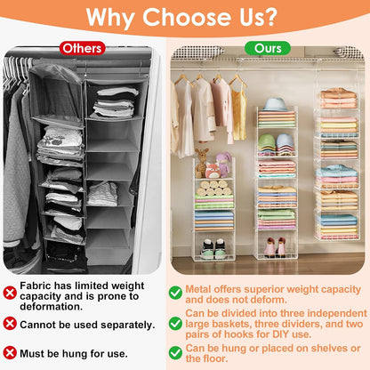 Yuyetuyo 5 Tier Closet Hanging Organizer and Storage Separable Hanging Closet Shelves with 4 Hooks 2 Adjustable Dividers, Wire Storage Basket Bins for Clothing Sweaters Socks Dolls Handbags, Foldable