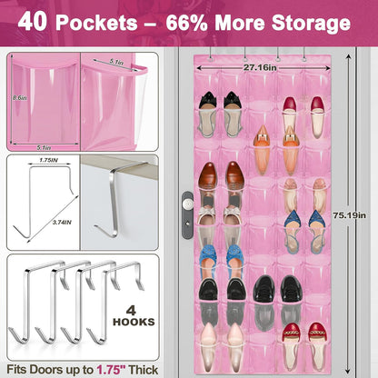 40 Pockets Over the Door Shoe Organizer – Waterproof Hanging Shoe Holder for Closet & Bathroom – Space-Saving Clear PVC Door Shoe Rack for Shoes, Toys, Toiletries & Snacks (White)