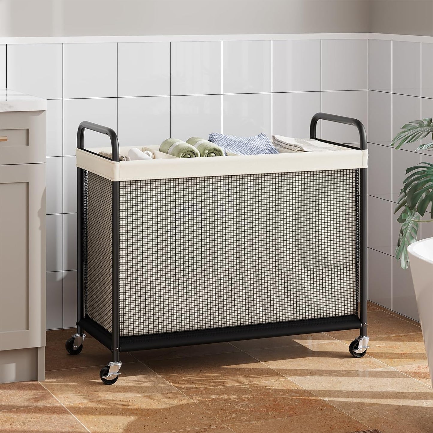 ELYKEN Laundry Hamper 3 Section, 120L Rolling Laundry Sorter with Removable Liner Bag, Laundry Basket with Wheels, Steel Frame with Metal Handle, Clothes Hamper Cart for Laundry Room & Bedroom