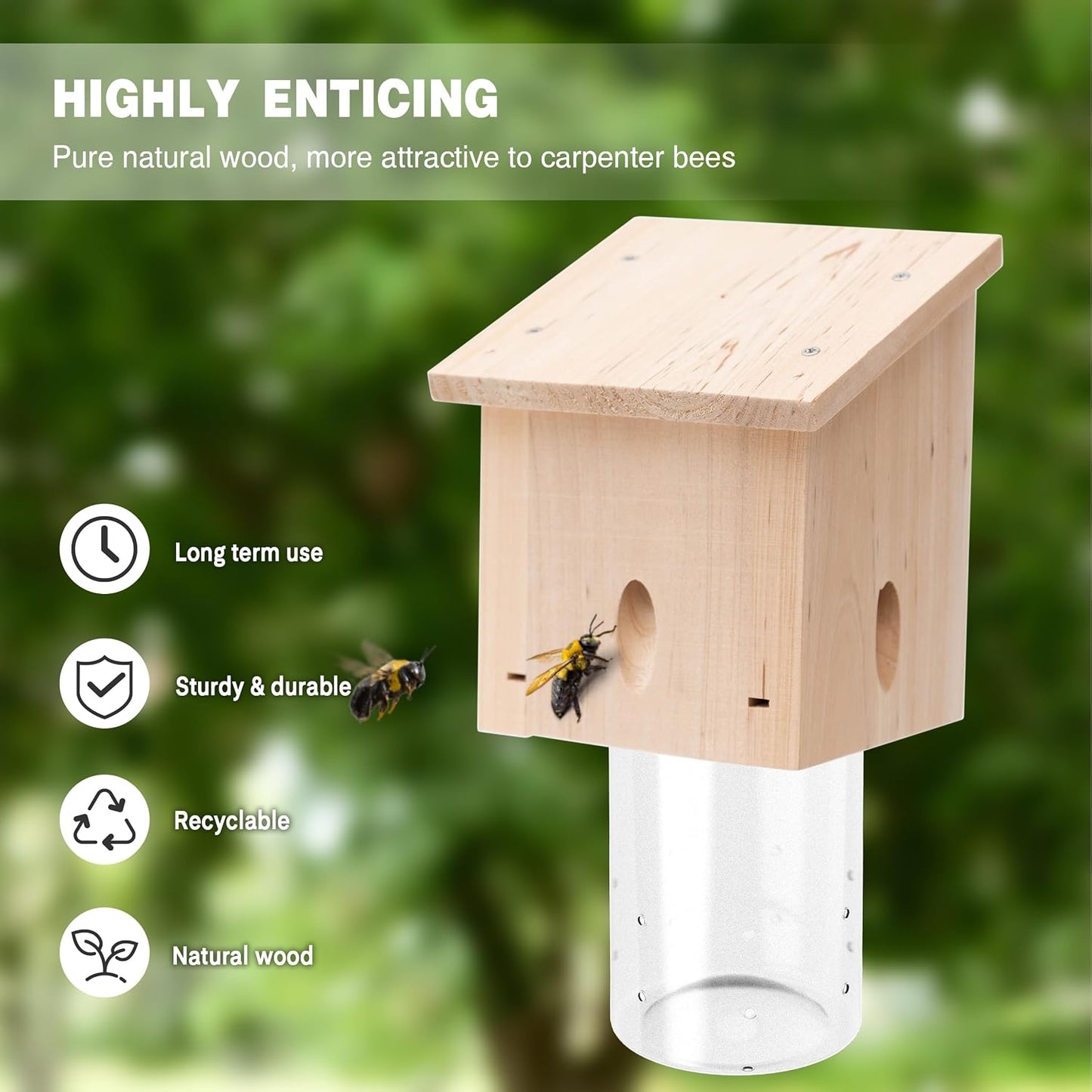 Carpenter Bee Trap for Outside - Pentroof Style Nature Hanging Wood Carpenter Bee Traps Outdoor - Best Bee Trap - Insect Traps with Removable Vault