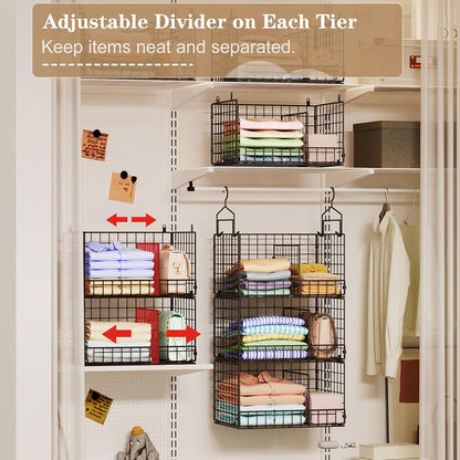Sonyabecca 3-Tier Hanging Closet Organizers and Storage, Foldable Stackable Wire Basket Bins with 5 S Hooks, Space-Saving Hanging Closet Shelf for Clothing, Sweaters, Handbags, Hats,Purse