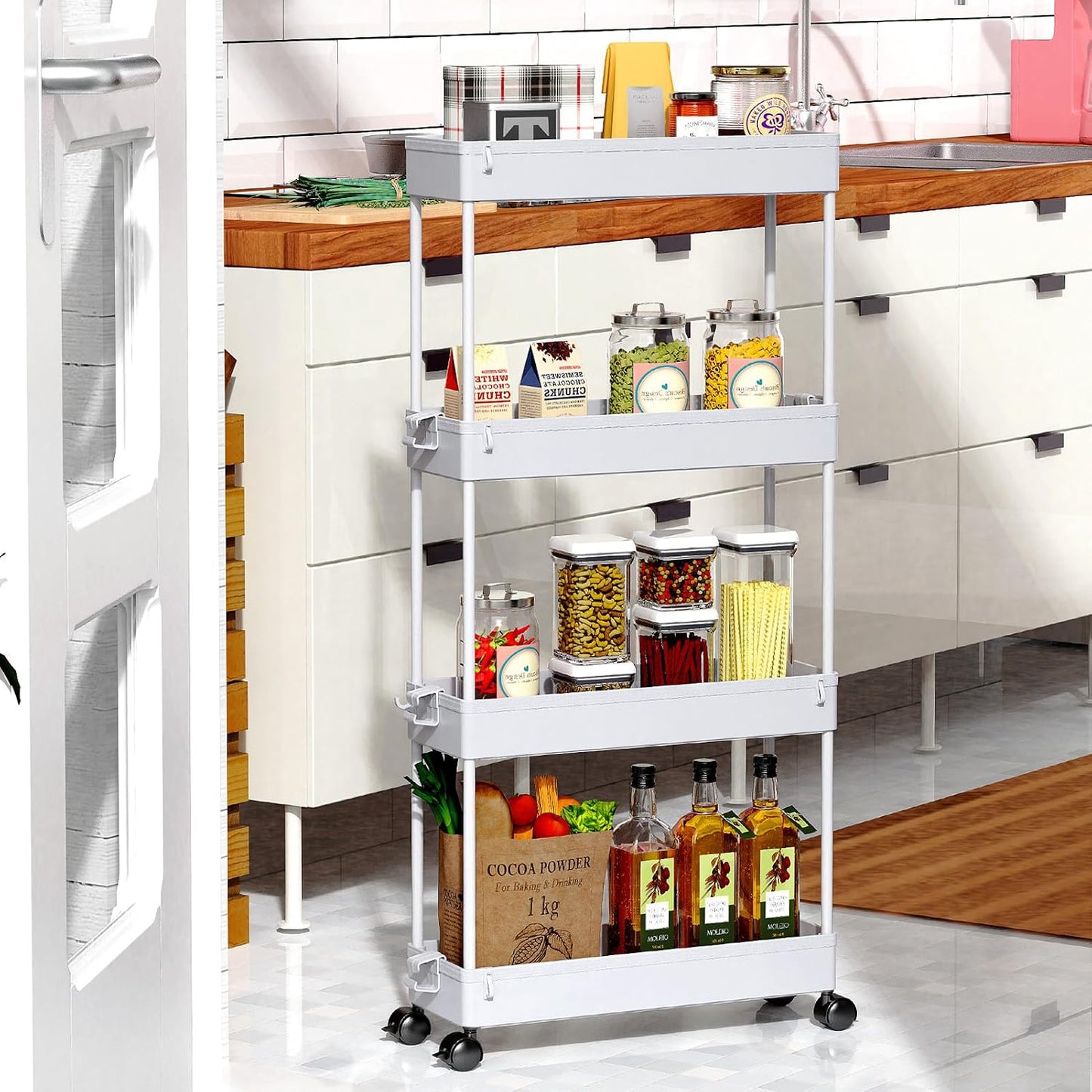 SPACEKEEPER Slim Rolling Storage Cart 4 Tier Bathroom Organizer Cart Mobile Shelving Unit Slide Out Utility Cart for Kitchen, Bthroom, Makeup, Craft, Laundry Narrow Places, Black
