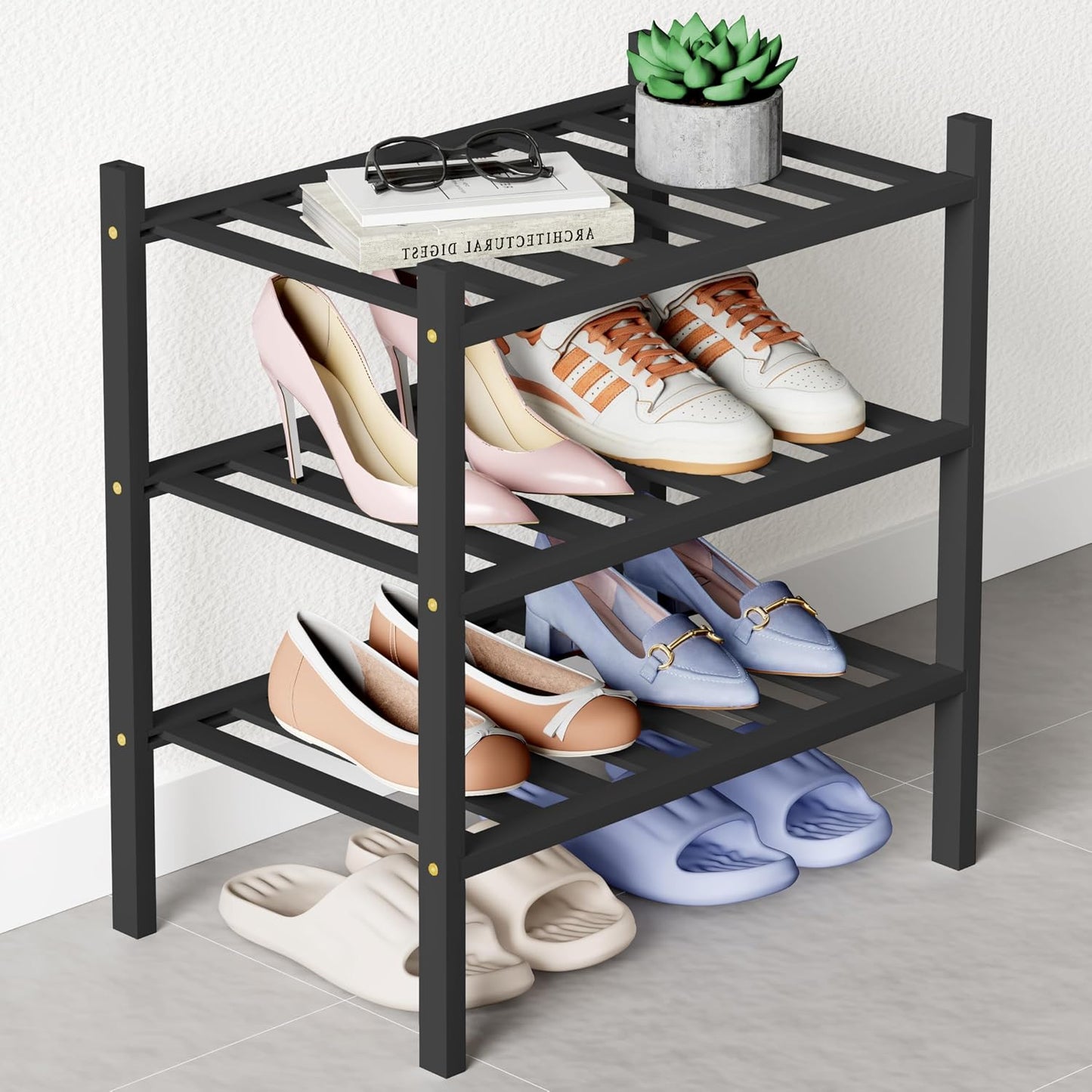Smiry Bamboo Shoe Rack for Closet, 3 Tier Wooden Shoe Organizer, Stackable Wood Shoe Storage Shelf for Entryway, 14 Vertical Slats, One-piece Heavy-Duty Legs, 26.77"x11.02"x18.31", Natural