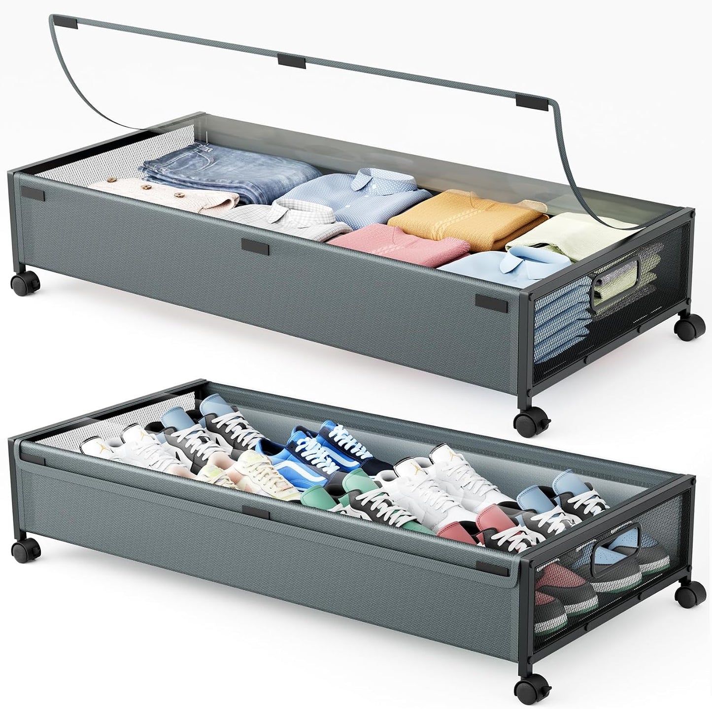 Under Bed Storage Containers with Wheels 2 Pack Underbed Shoe Storage Bedroom Storage Bins Organizer Large Capacity Under Bed Storage with Lid for Clothes Shoes Toys Blankets (Black)