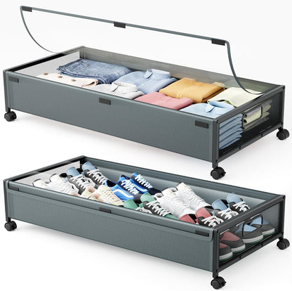 Under Bed Storage Containers with Wheels 2 Pack Underbed Shoe Storage Bedroom Storage Bins Organizer Large Capacity Under Bed Storage with Lid for Clothes Shoes Toys Blankets (Black)
