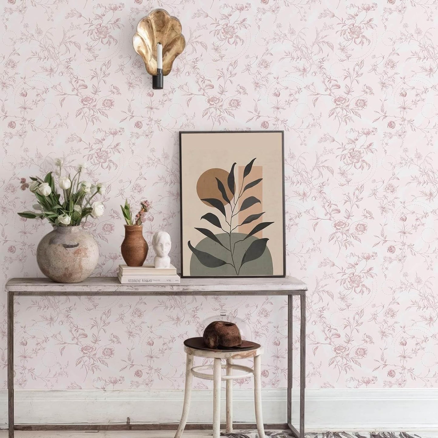 Ismoon Peel and Stick Wallpaper Floral Vintage Stick on Wall Paper Beige French Textured Contact Paper for Cabinet Removable Self Adhesive Wallpaper Vinyl Roll Shelf Deco, 17.3x78.7in