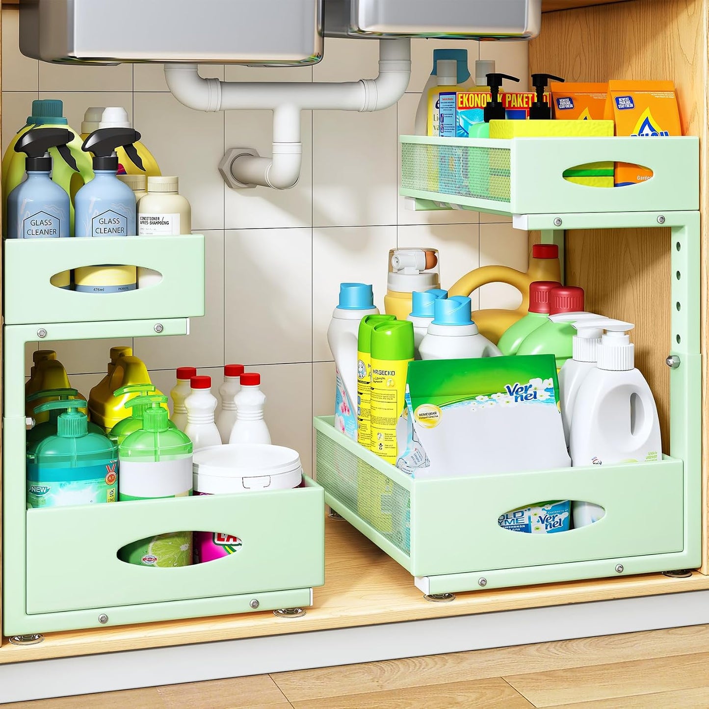Under Sink Organizer, 2 Pack 2 Tier Pull Out Under Cabinet Organizer Shelf with Pad for Framed Cabinets, Metal Slide Out Under Sink Storage, Mesh Sliding Drawers for Kitchen Bathroom Laundry, Black