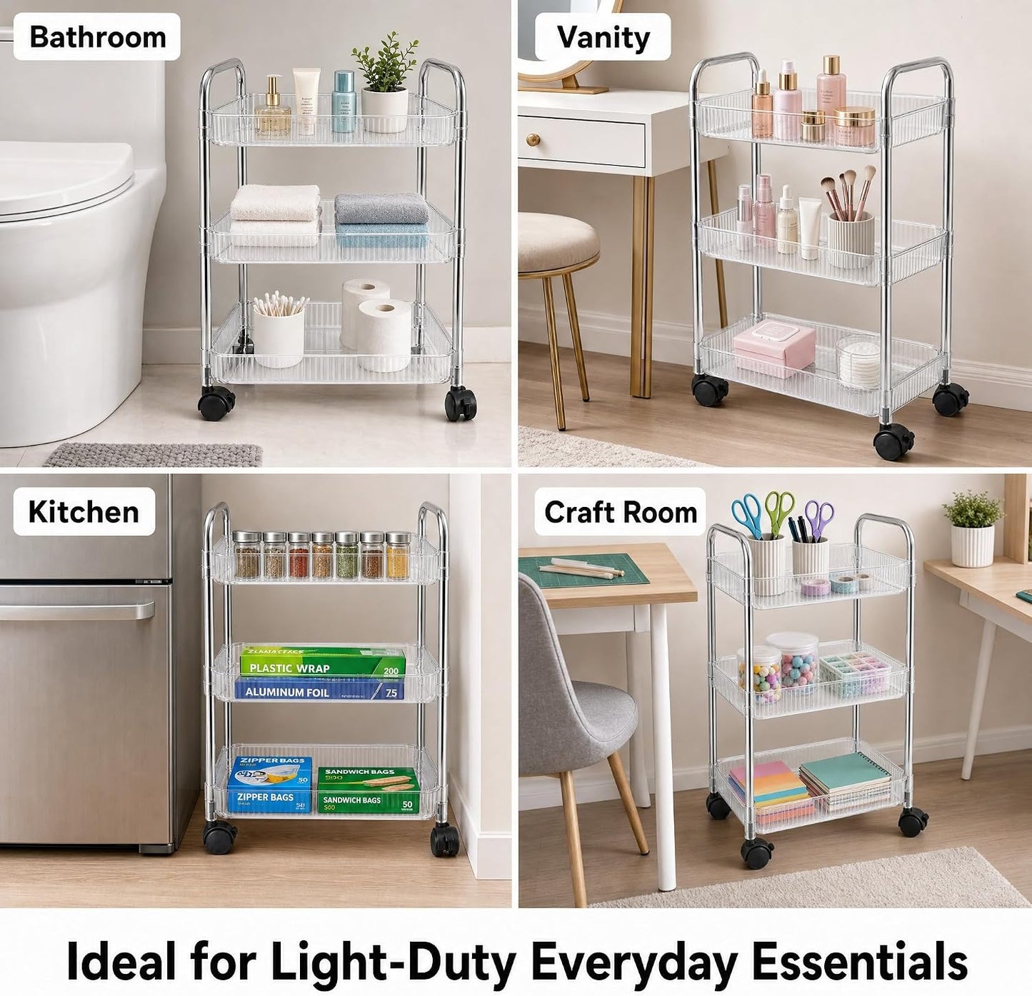 3 Tier Rolling Cart with Lockable Wheels, Clear Acrylic Slim Utility Cart, 13" x 8.3" x 26" Narrow Storage Organizer for Bathroom, Kitchen, Office - Lightweight & Tool-Free Assembly (Clear)