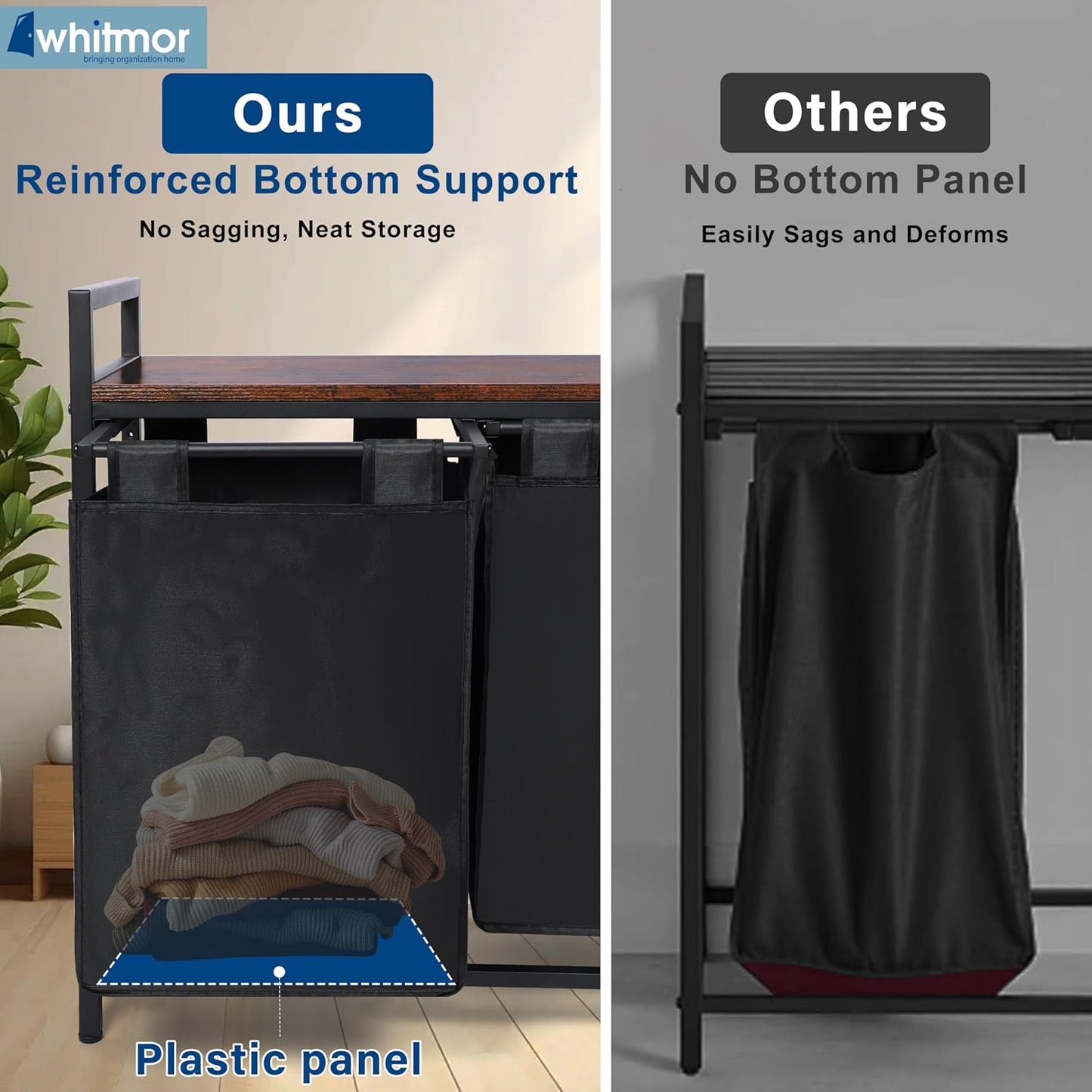 Whitmor Laundry Sorter, 92L Laundry Hamper with Shelf & 2 Removable Bags, 2 x 12.1 Gallons (46L), 28.8 x 13 x 28.4 Inches, Dirty Clothes Hamper Organizer for Laundry Room, Bathroom, Dorm, Black