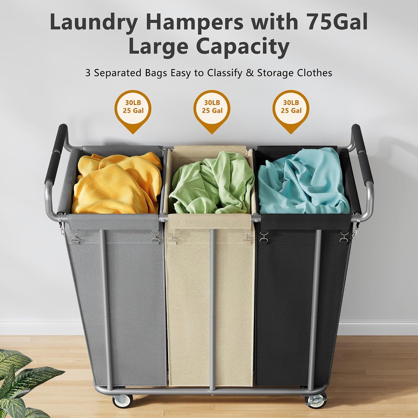 Gewudraw Large laundry hamper with Wheels, 3 Bag Big Rolling Laundry Hamper Sorter Cart, Extra Large Laundry Clothes Hamper, Heavy Duty Laundry Basket Organizer for Laundry Room,Bathroom,Black