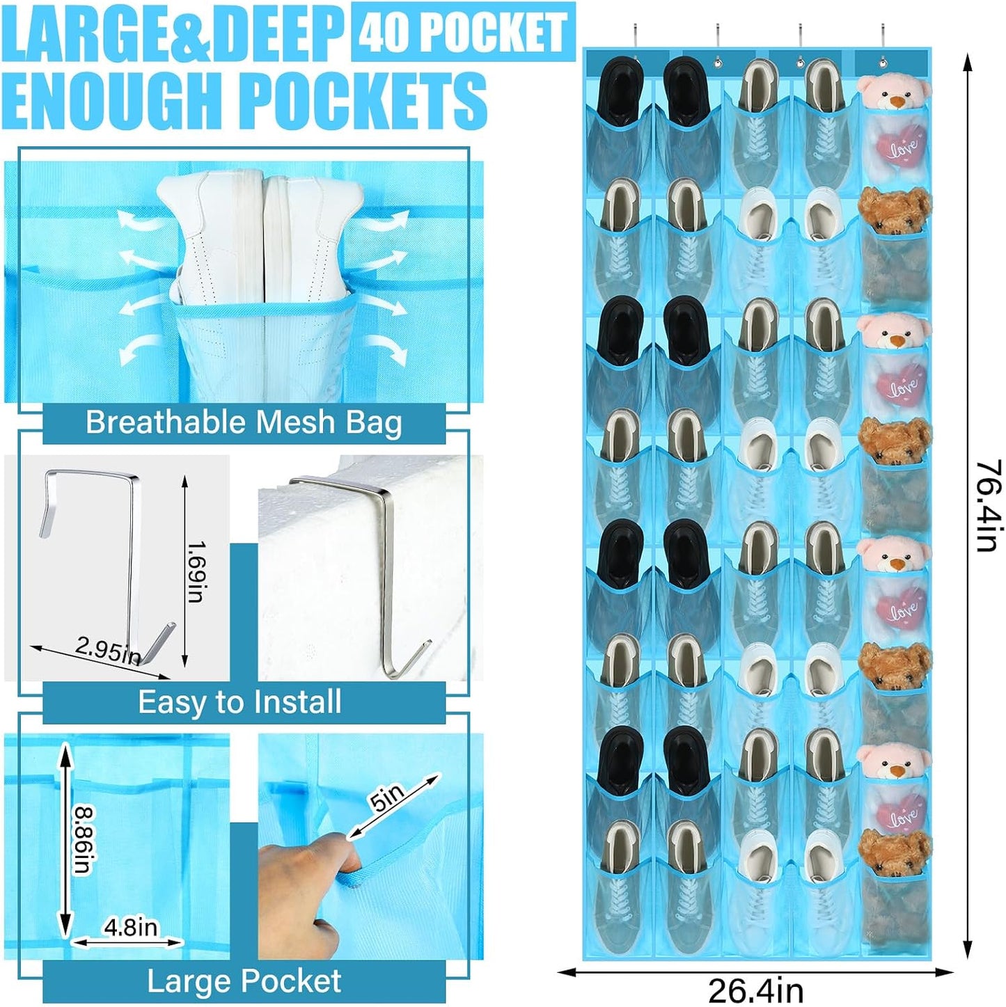 Windyun 40 Over The Door Shoe Organizer, Large Mesh Pocket Hanging Shoe Rack Hanger Large Capacity Gray Behind The Door Storage Holder for Dorm College Closet Entryway Bedroom Utility Room Women Men
