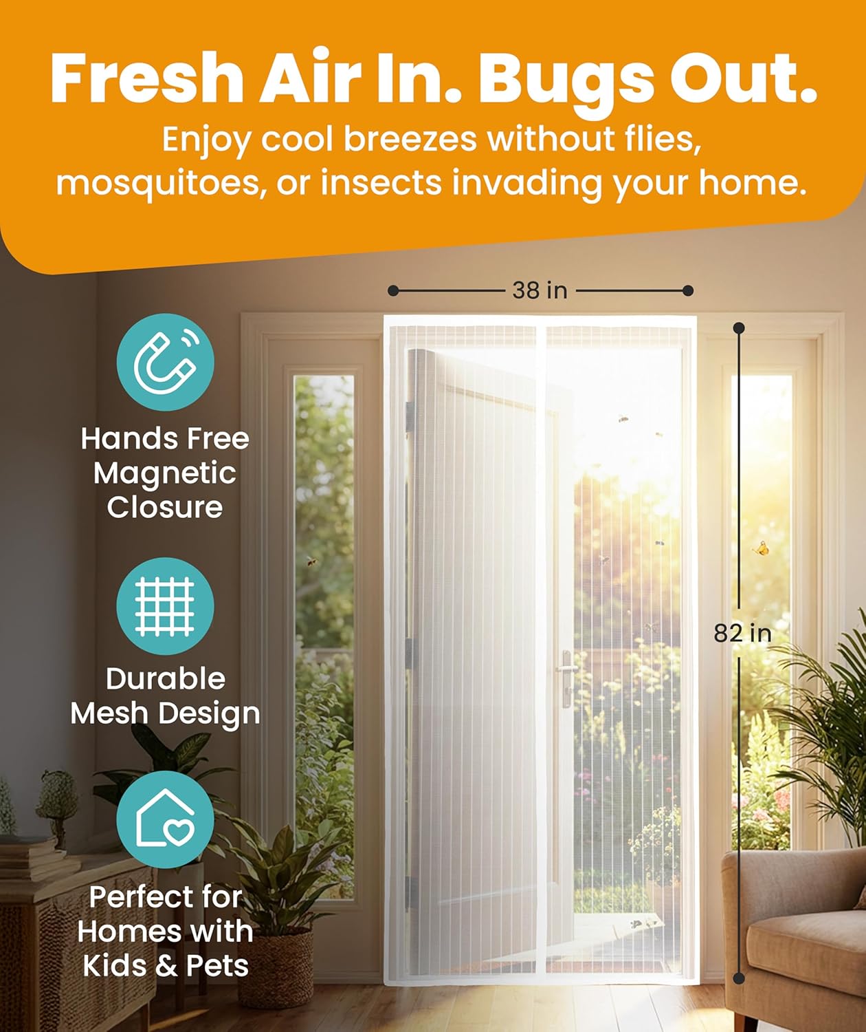 Flux Phenom Magnetic Screen Door - Bugs Out, Breeze in - 9min Install Auto-Sealing Heavy Duty Double Stitched Mesh, 52 Magnets, Hands Free Sliding & Patio Doors Net, Pet & Kid Friendly, 38 x 82 Inch