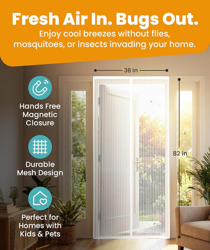 Flux Phenom Magnetic Screen Door - Bugs Out, Breeze in - 9min Install Auto-Sealing Heavy Duty Double Stitched Mesh, 52 Magnets, Hands Free Sliding & Patio Doors Net, Pet & Kid Friendly, 38 x 82 Inch