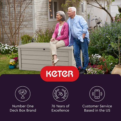 Keter 150 Gallon Resin Large Deck Box Organization and Storage Box for Patio, Outdoor Cushions, Garden Tools, Brown | Hydraulic Pistons, Resin, Weatherproof