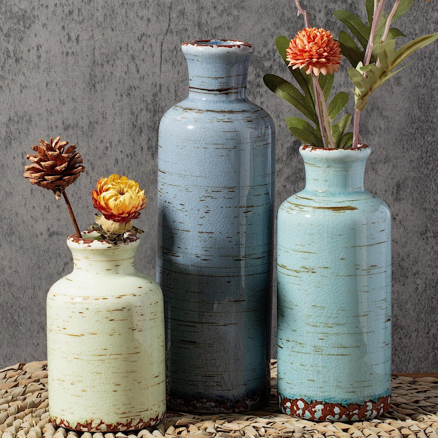 Ceramic Vase Set of 3 with Handles, Green White Neutral Rustic Modern Farmhouse Boho Decor, Versatile as Table Centerpiece or Mantel & Shelf Accent - Unique Home Gift Idea