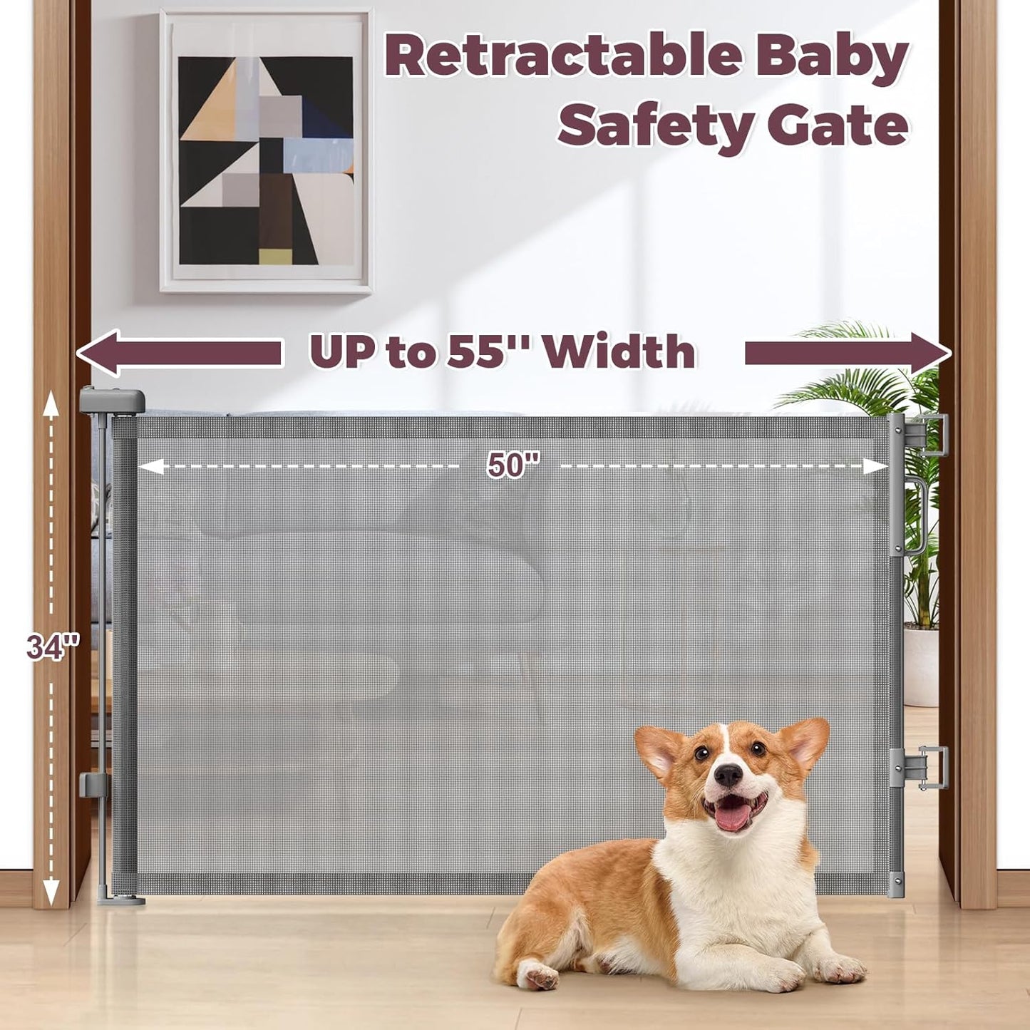 Retractable Baby Gate for Stairs & Doorways, Mesh Dog Gate Indoor Outdoor, Extends to 55" Wide 34" Tall Child Gate for Hallways, Deck, Porch, Pet Toddler Safety Essentials, Easy Install, Grey