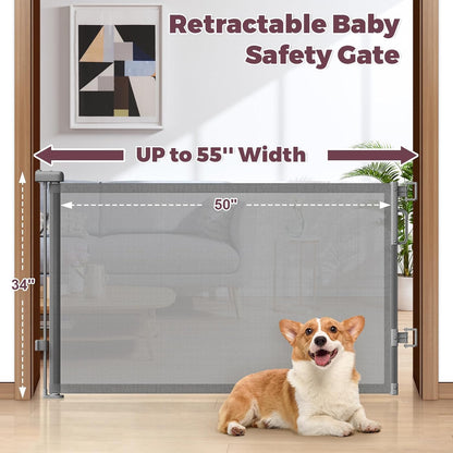 Retractable Baby Gate for Stairs & Doorways, Mesh Dog Gate Indoor Outdoor, Extends to 55" Wide 34" Tall Child Gate for Hallways, Deck, Porch, Pet Toddler Safety Essentials, Easy Install, Grey
