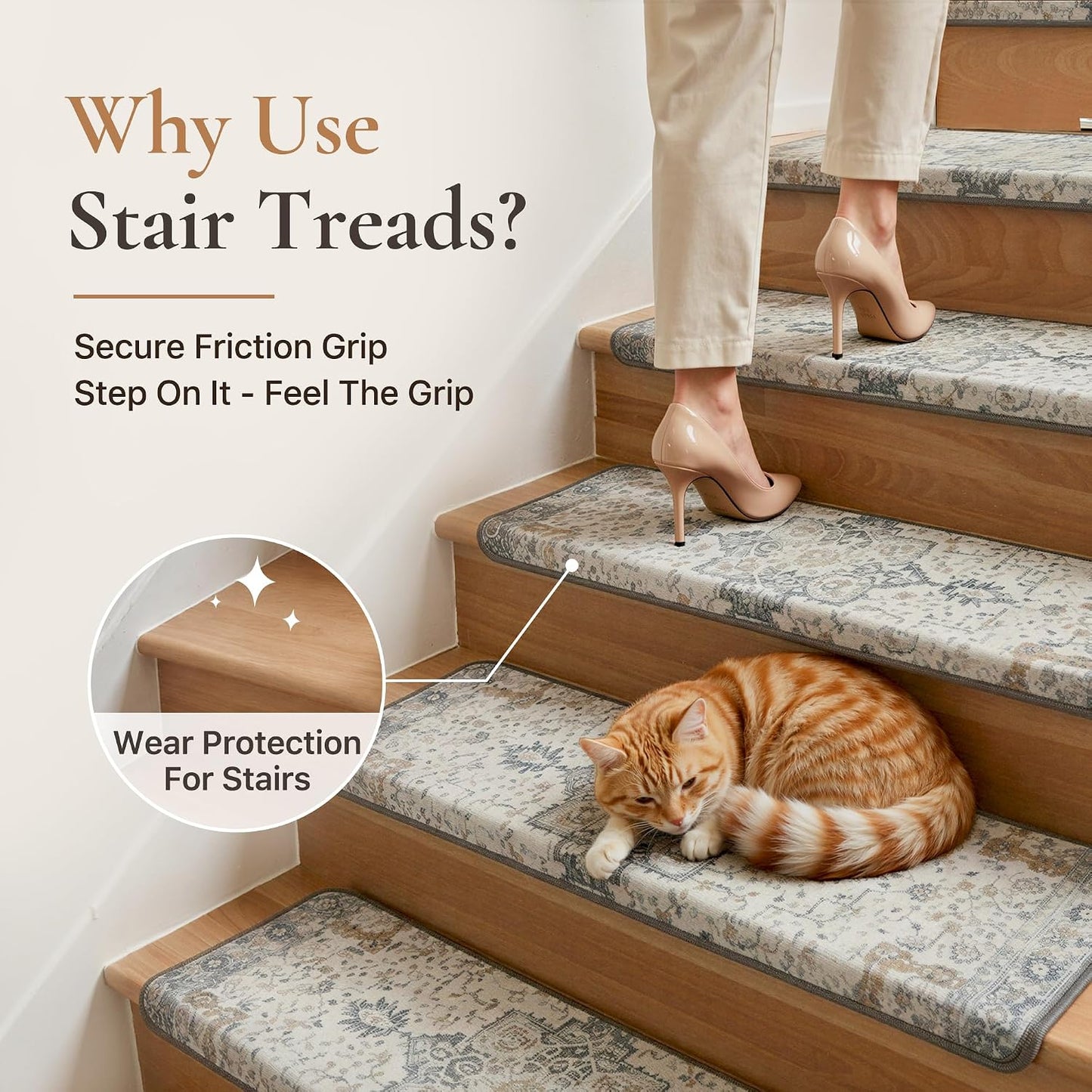 sarben Non Slip Stair Treads for Wooden Steps 15PCS - 8"x30" Indoor Safety Carpet, Edging Mats with TPE Adhesive Backing, Pet and Elderly Friendly Stair Rugs (Taupe) - Colors A