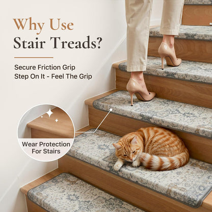 sarben Non Slip Stair Treads for Wooden Steps 15PCS - 8"x30" Indoor Safety Carpet, Edging Mats with TPE Adhesive Backing, Pet and Elderly Friendly Stair Rugs (Taupe) - Colors A