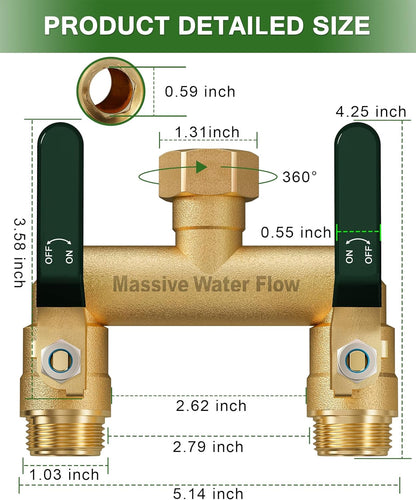 Hose Splitter 2 Way Heavy Duty, Full Flow Garden Hose Splitter with 2 Long Metal Handles, Brass Rust and Freeze Resistant Water Hose Bib Splitter, T Adapter Connector with 3/4 - Inch GHT Thread（Red）
