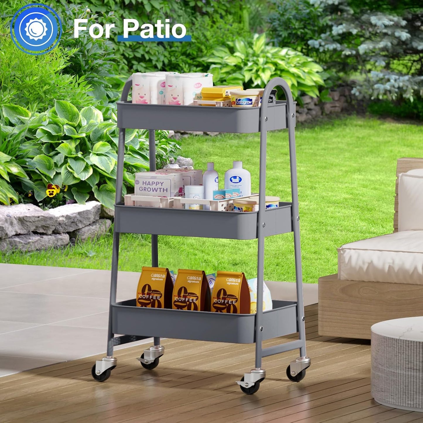 DUMOS 3 Tiers Rolling Cart, Utility Cart, Metal, White | Mobile Storage, Lockable Wheels, Utility Shelving Unit, Kitchen, Bathroom, Laundry, Narrow Places
