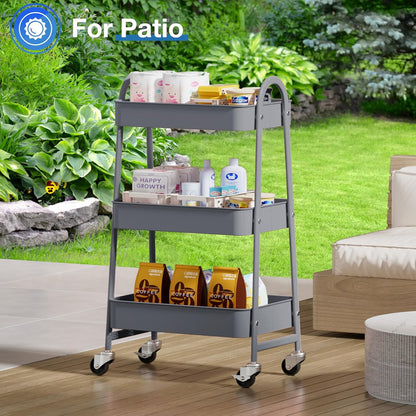 DUMOS 3 Tiers Rolling Cart, Utility Cart, Metal, White | Mobile Storage, Lockable Wheels, Utility Shelving Unit, Kitchen, Bathroom, Laundry, Narrow Places