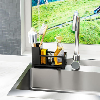 Rustproof Kitchen Sink Organizer for Countertop,Multifunctional Sink Organizer Caddy & Organization,Scrub Brush and Sponge Holder,Plastic Sink Storage Rack,Sponge Drain Rack,Dish Soap Dispenser,Black