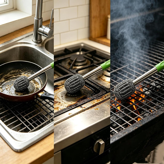 2PCS Steel Wool Scrubber with Handle Rustproof, Cast Iron Scrubber, Stubborn Messes Pot Brush, Remove Dirt for Cleaning Stoves,Sinks Dishes Grills Bowls & Metal Wire Sponge for Kitchens